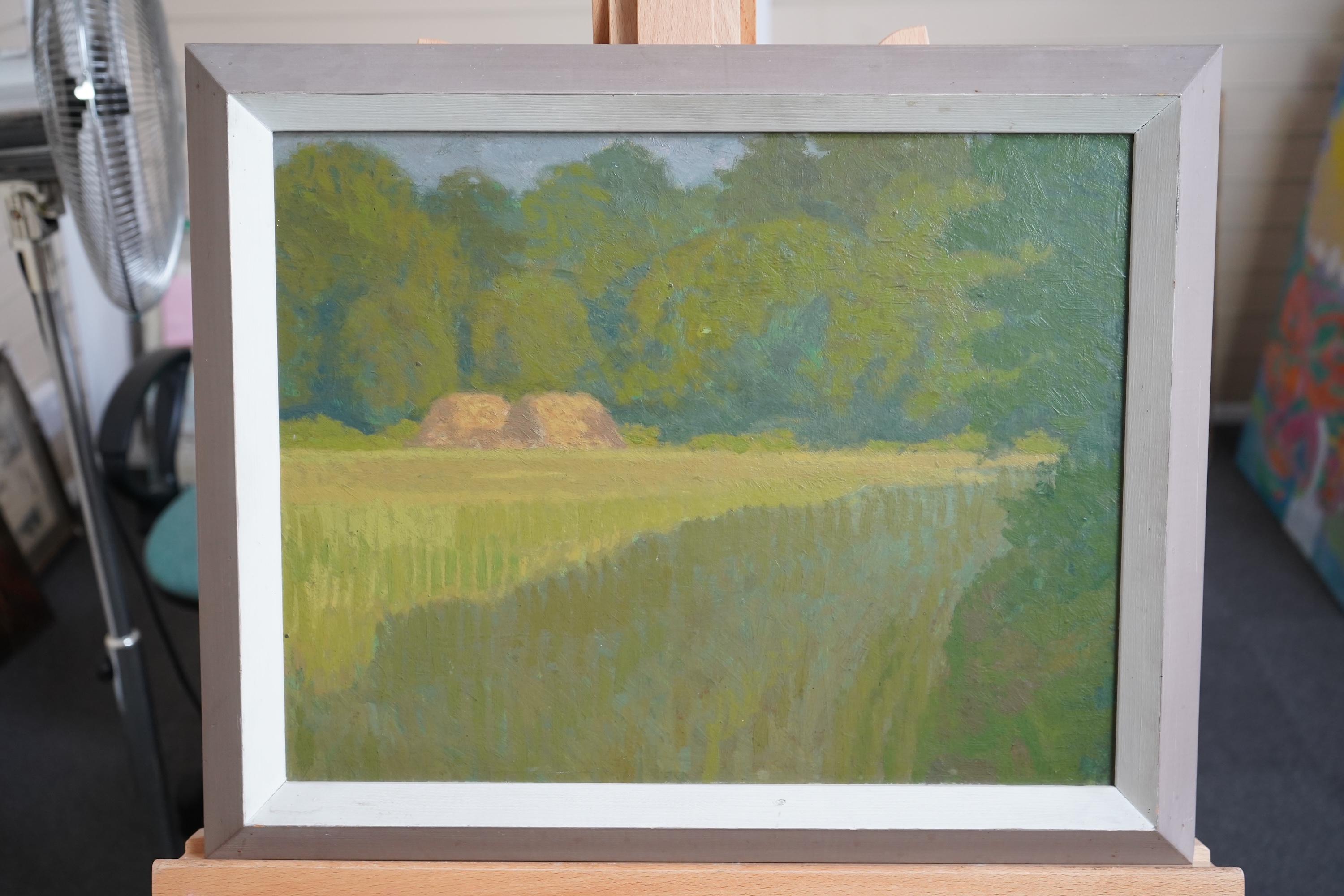 Robert Buhler RA, 1916-1989, Landscape with trees and haystacks